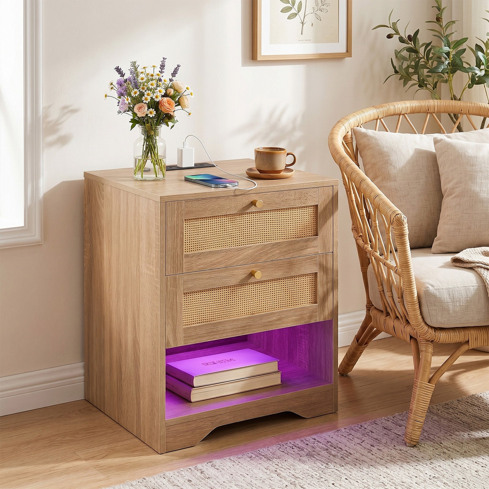 Nightstand with Charging Station and Open Storage for Bedroom-Oak