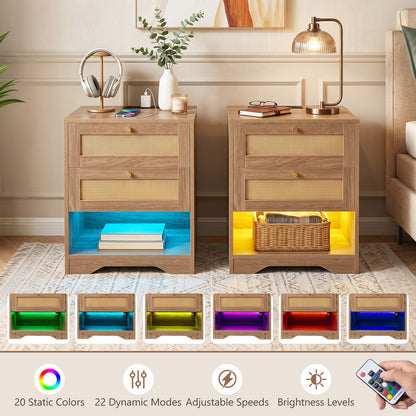 Nightstand with Charging Station and Open Storage for Bedroom Set of 2-oak