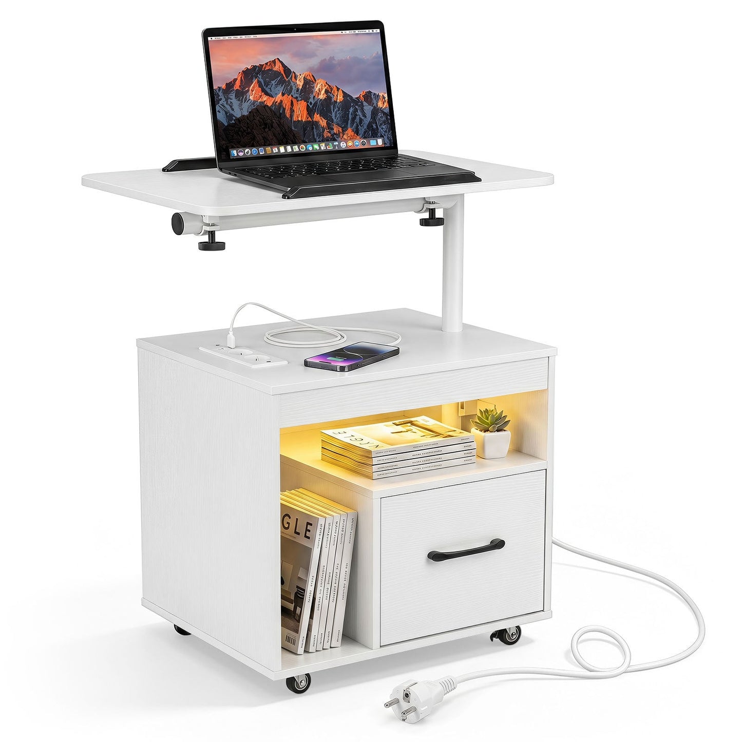 Nightstand with Charging Station and Rotatable Tabletop on Wheels for Bedroom-White