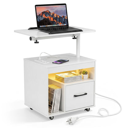Nightstand with Charging Station and Rotatable Tabletop on Wheels for Bedroom-White