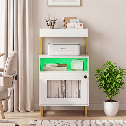 Nightstand with LED Lights Modern End Table with Top Tray-White