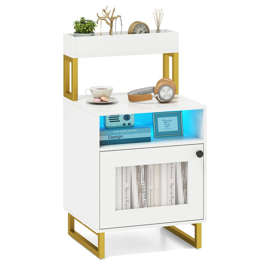 Nightstand with LED Lights Modern End Table with Top Tray-White