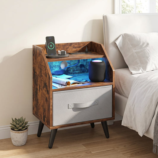 Nightstand with LED Lights and Power Outlets for Living Room Bedroom-Rustic Brown