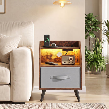 Nightstand with LED Lights and Power Outlets for Living Room Bedroom-Rustic Brown