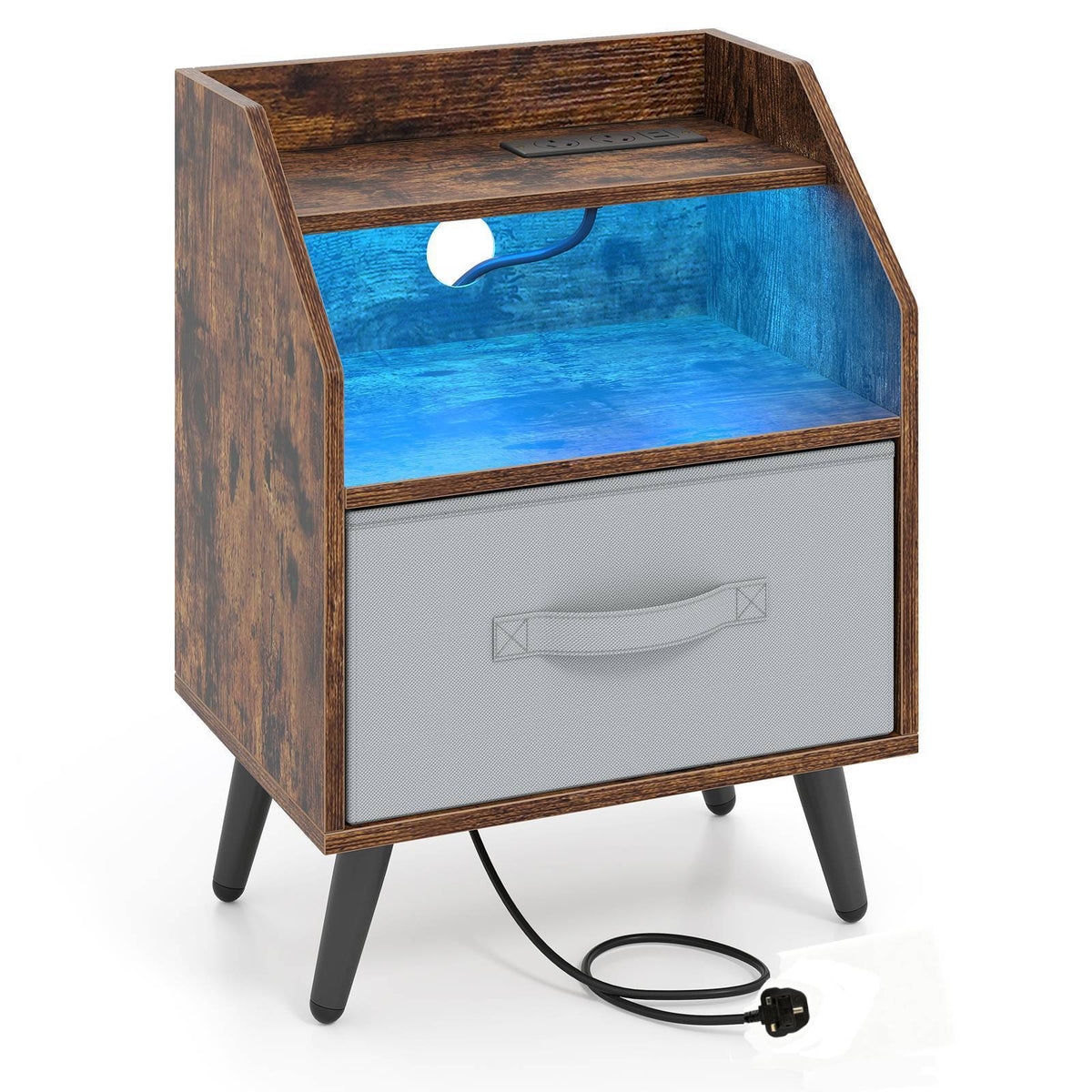 Nightstand with LED Lights and Power Outlets for Living Room Bedroom-Rustic Brown