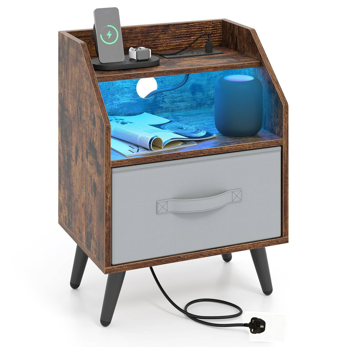 Nightstand with LED Lights and Power Outlets for Living Room Bedroom-Rustic Brown