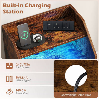 Nightstand with LED Lights and Power Outlets for Living Room Bedroom-Rustic Brown