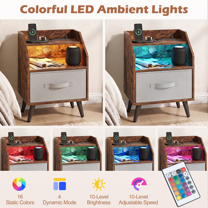 Nightstand with LED Lights and Power Outlets for Living Room Bedroom-Rustic Brown