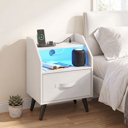 Nightstand with LED Lights and Power Outlets for Living Room Bedroom-White