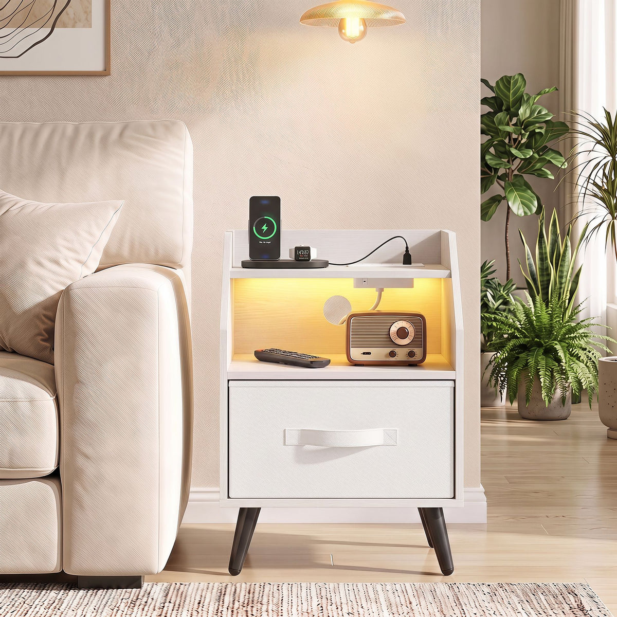 Nightstand with LED Lights and Power Outlets for Living Room Bedroom-White