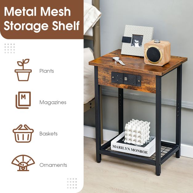 Nightstand Set of 2 with Charging Station and Open Shelf