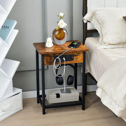 Nightstand Set of 2 with Charging Station and Open Shelf