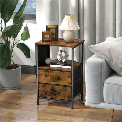 Nightstand with Charging Station with 2 Drawers and 6 Side Pockets-Rustic Brown