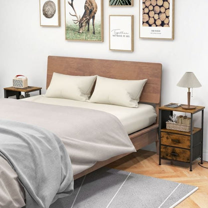 Nightstand with Charging Station with 2 Drawers and 6 Side Pockets-Rustic Brown