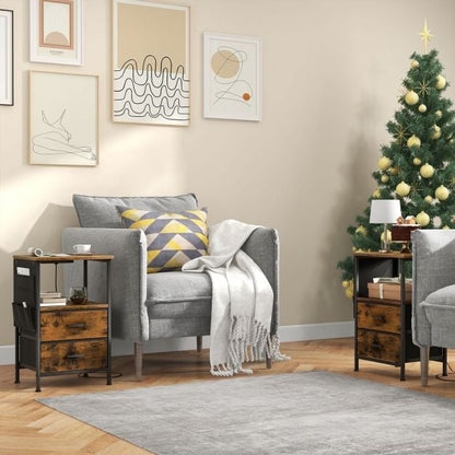 Nightstand with Charging Station with 2 Drawers and 6 Side Pockets-Rustic Brown