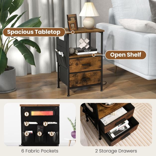 Nightstand with Charging Station with 2 Drawers and 6 Side Pockets-Rustic Brown