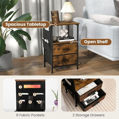 Nightstand with Charging Station with 2 Drawers and 6 Side Pockets-Rustic Brown