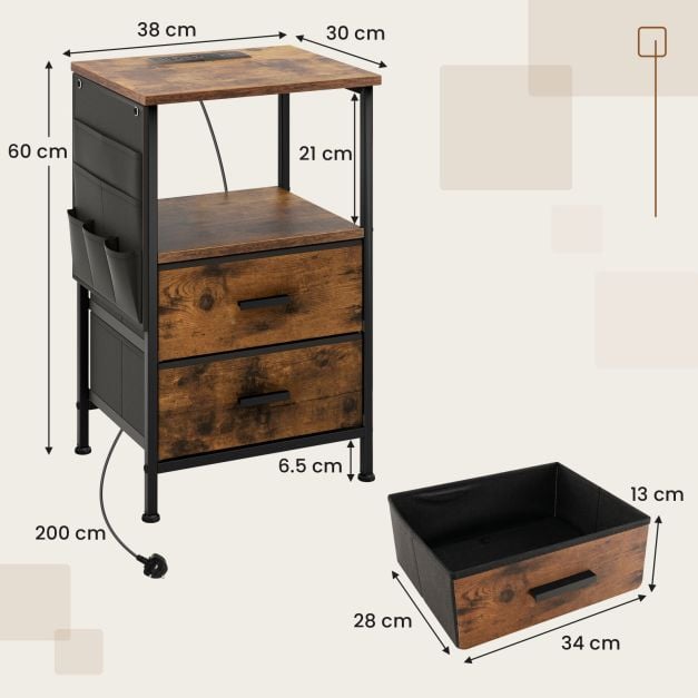Nightstand with Charging Station with 2 Drawers and 6 Side Pockets-Rustic Brown