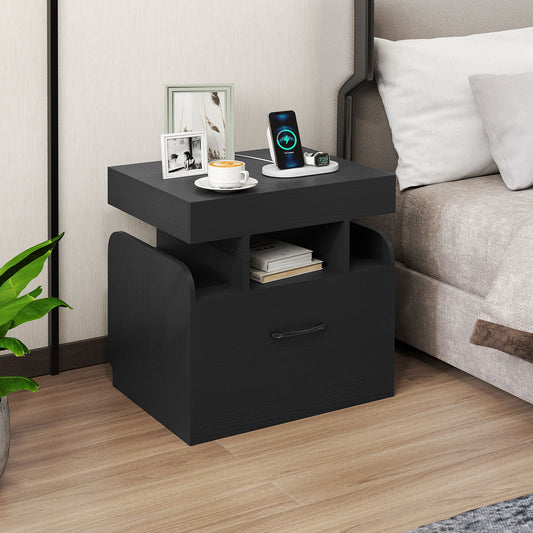 Nightstand with Charging Station with Drawer and Sliding Top Storage-Black