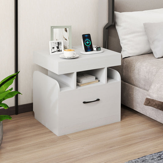 Nightstand with Charging Station with Drawer and Sliding Top Storage-White