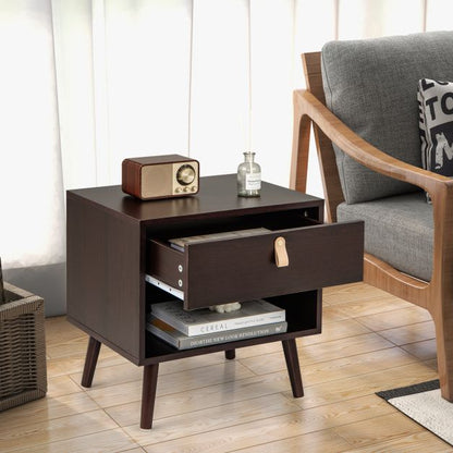 Mid-Century End Table with Open Storage Shelf for Living Room Bedroom Small Spaces-Brown