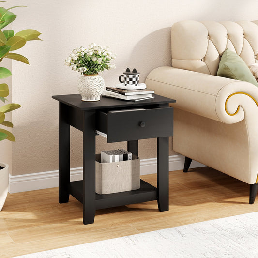 Nightstand with Drawer 3-Tier Modern Bedside Table with Open Shelf-Black