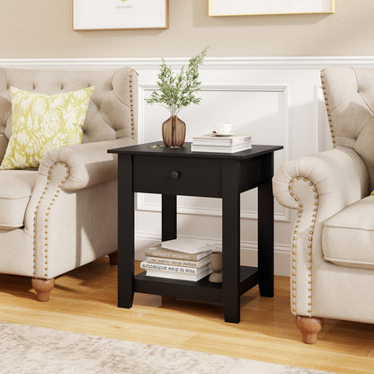 Nightstand with Drawer 3-Tier Modern Bedside Table with Open Shelf-Black