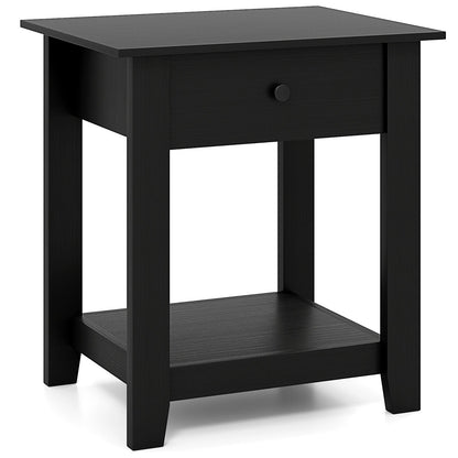 Nightstand with Drawer 3-Tier Modern Bedside Table with Open Shelf-Black