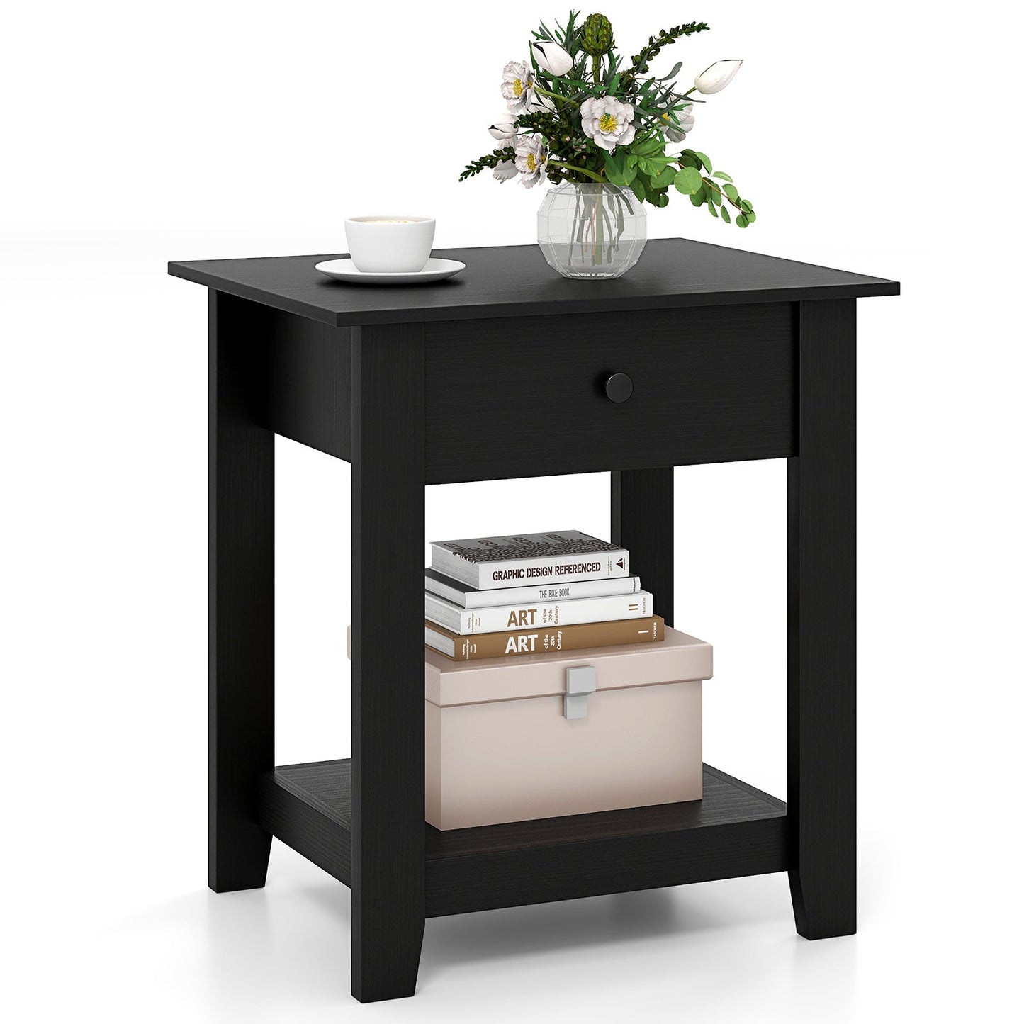 Nightstand with Drawer 3-Tier Modern Bedside Table with Open Shelf-Black