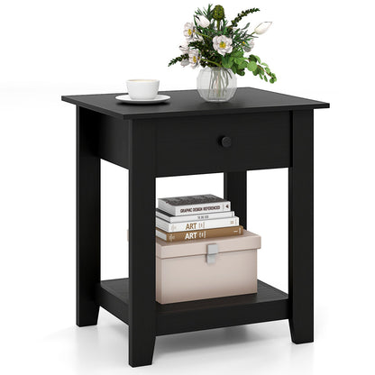 Nightstand with Drawer 3-Tier Modern Bedside Table with Open Shelf-Black
