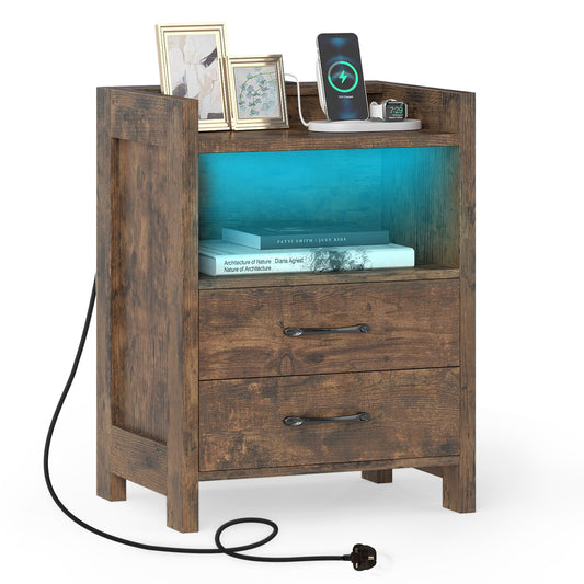 Nightstand with LED Lights and Power Outlets for Living Room-Rustic Brown
