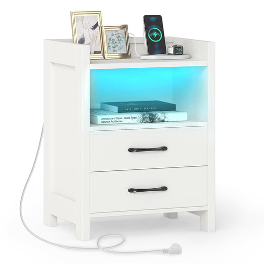 Nightstand with LED Lights and Power Outlets for Living Room-White