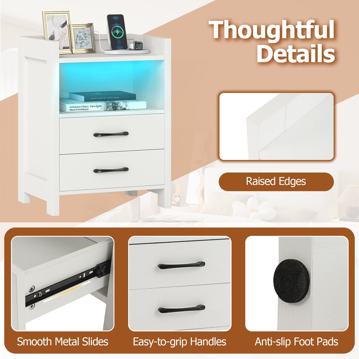 Nightstand with LED Lights and Power Outlets for Living Room-White