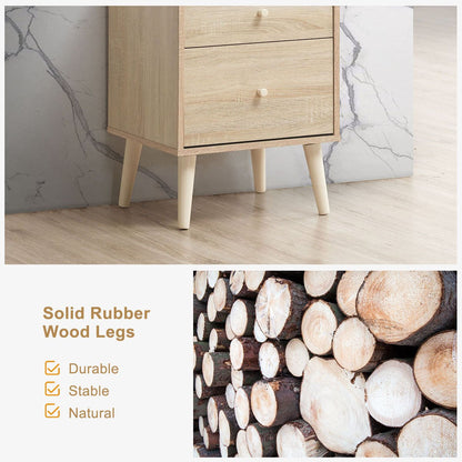 2-Drawer Nightstand with Solid Rubber Wood Legs and Large Storage Space-Natural