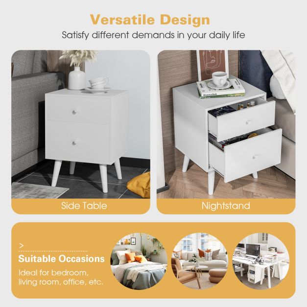 2-Drawer Nightstand with Solid Rubber Wood Legs and Large Storage Space-White