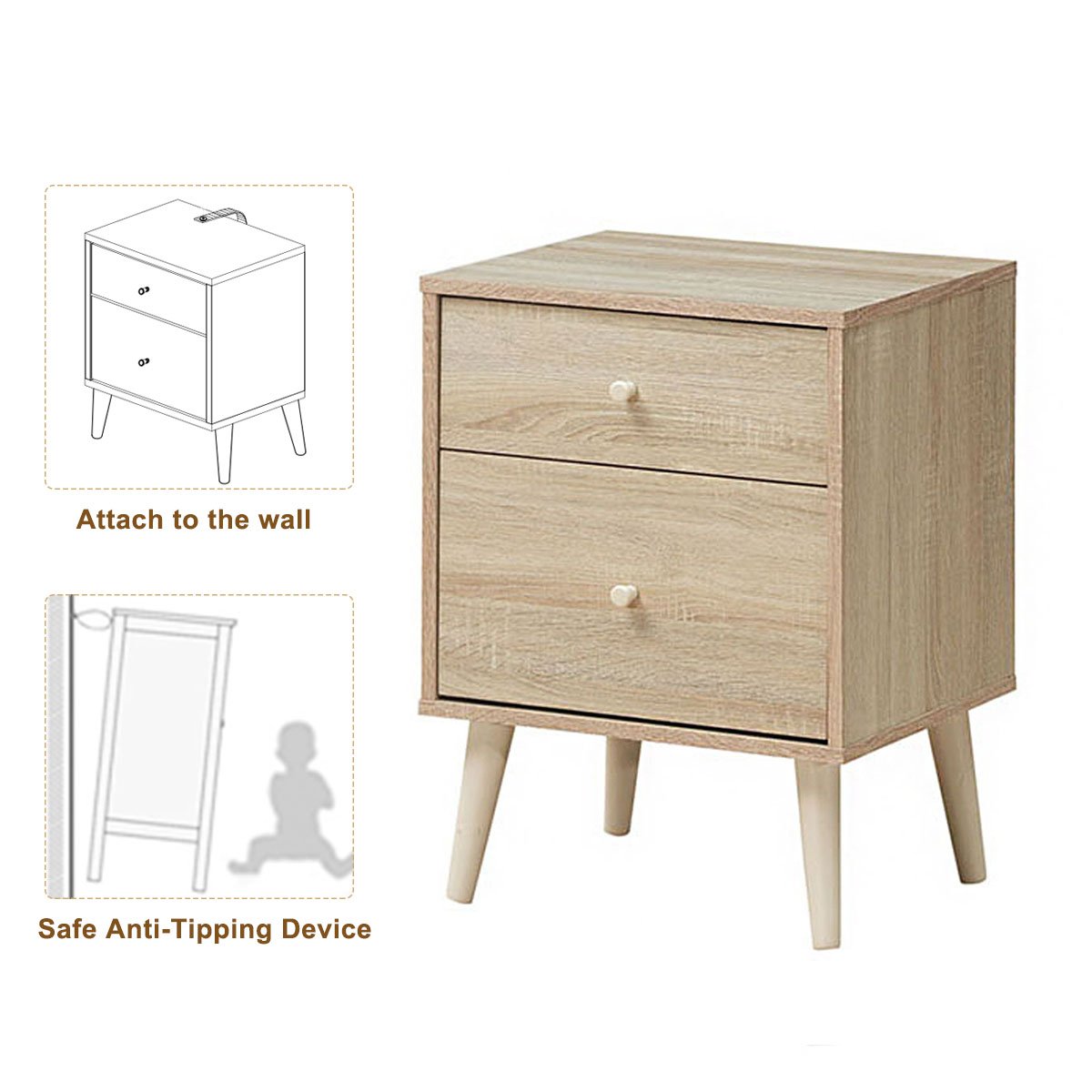 2-Drawer Nightstand with Solid Rubber Wood Legs and Large Storage Space-Natural