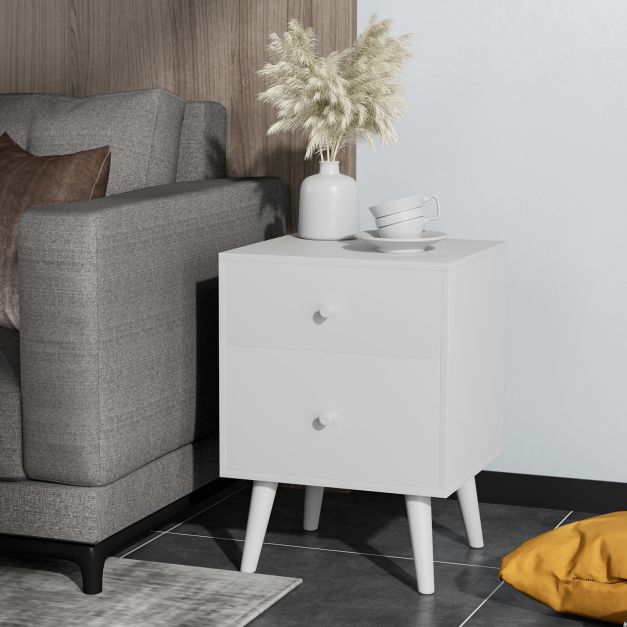 2-Drawer Nightstand with Solid Rubber Wood Legs and Large Storage Space-White
