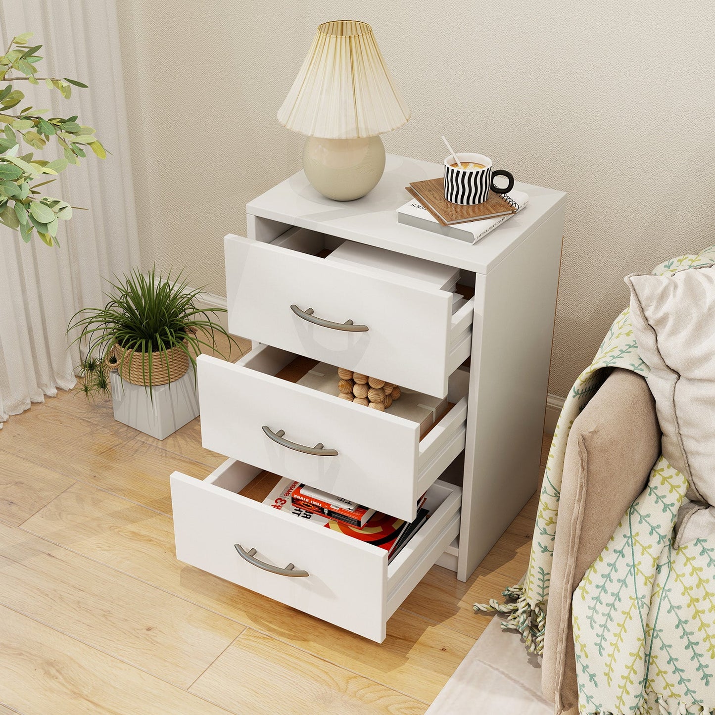 3-Drawer Nightstand with Storage for Living Room Bedroom-White