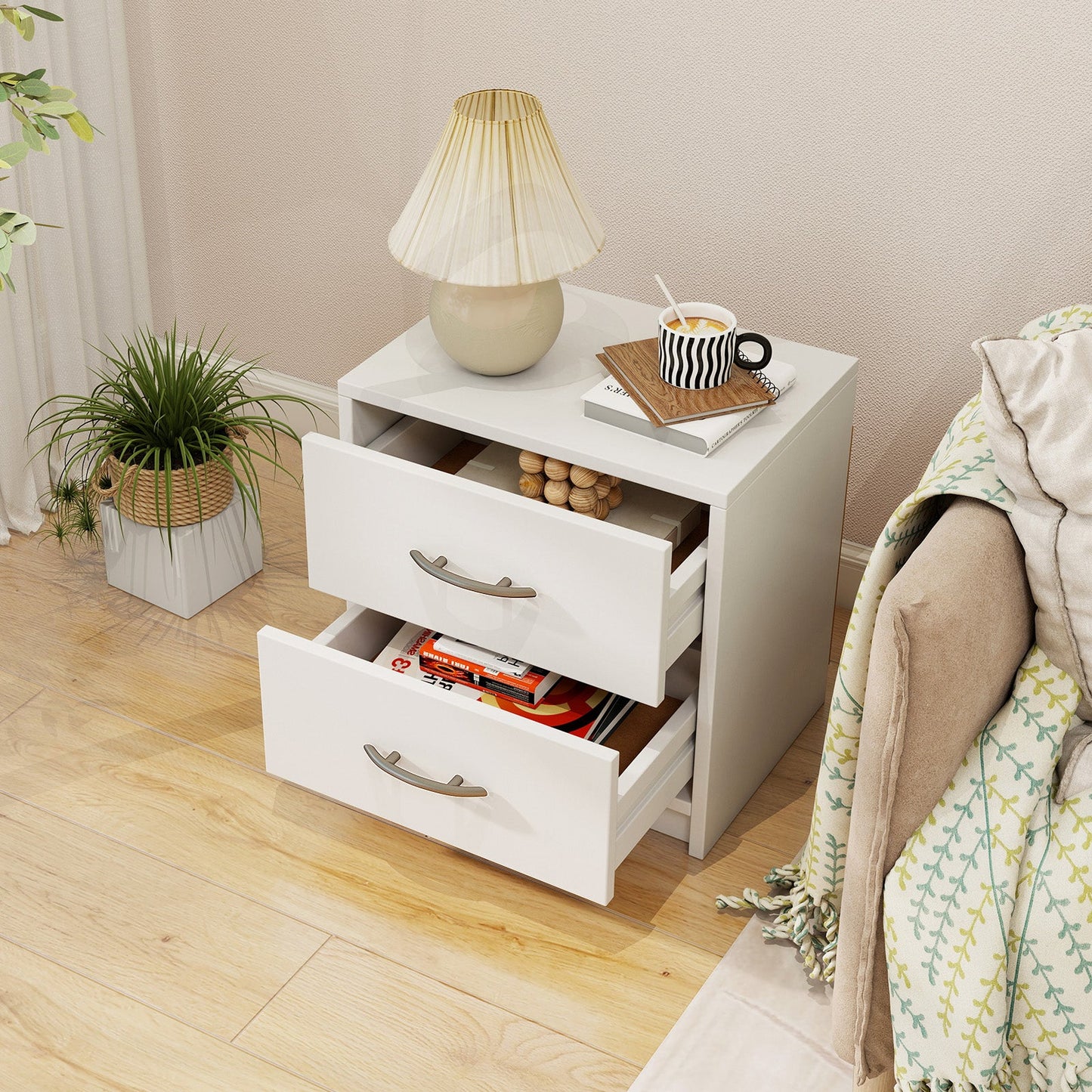 2-Drawer Nightstand with Storage for Living Room Bedroom-White