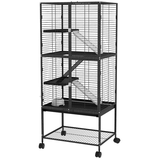 PawHut Rolling Chinchilla Cage, Small Animal Cage for Ferrets w/ Three Doors, Storage, Shelf, Tray Tray, Bowl, Water Bottle