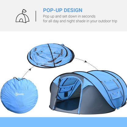 Outsunny 4-5 Person Pop-up Camping Tent Waterproof Family Tent w/ 2 Mesh Windows & PVC Windows Portable Carry Bag for Outdoor Trip, Sky Blue