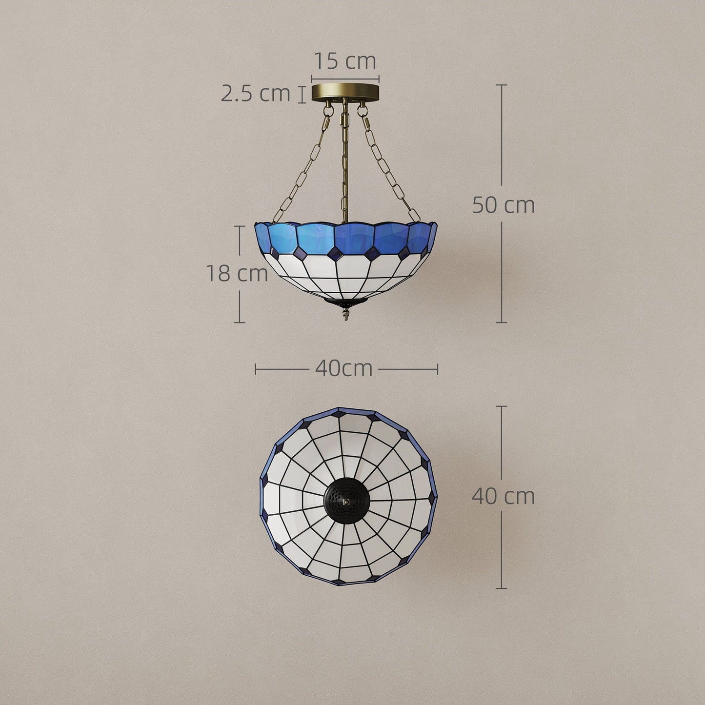 HOMCOM Tiffany Style Ceiling Light, Vintage Chandelier with 3 E27 Sockets, Semi Flush Mount for Living Room, Bulbs Not Included