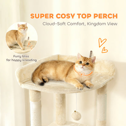 PawHut 170 cm Large Cat Tree, Cat Tower with 7 Scratching Posts, Tunnel, 2 Condos, Hammock, Perch, Ramp, Pompoms, Beige