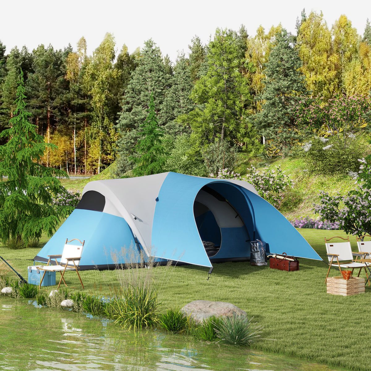 Outsunny 3000mm Waterproof Camping Tent for 7 Man, Family Tent with Porch and Sewn in Groundsheet, Portable with Bag, Blue
