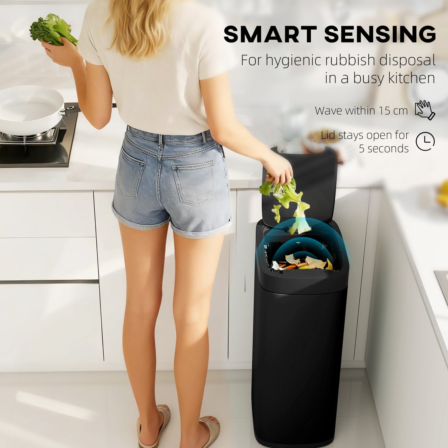 HOMCOM 50L Sensor Bin, Automatic Kitchen Bin, Manual Override, Battery Operated, Inner-Bucket-Free, for Kitchen, Bedroom, Black