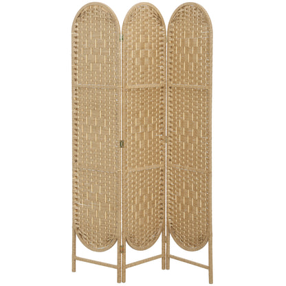 HOMCOM Indoor Oval 3-Panel Room Divider 120 x 170 cm Folding Lightweight Woven Partition, Natural Wood