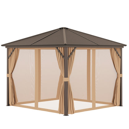 Outsunny 3 x 3 m Hardtop Gazebo with Netting and Curtains, Garden Gazebo Canopy Shelter with Metal Roof, Aluminium Frame, for Garden, Lawn, Deck, Brown