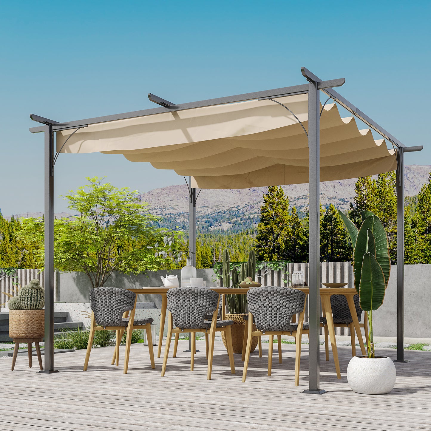 Outsunny 3 x 3(m) Metalowa pergola z chowanym dachem, metalowa altana ogrodowa, zadaszenie pergoli. Zewnętrzny daszek przeciwsłoneczny na imprezę BBQ, beżowy