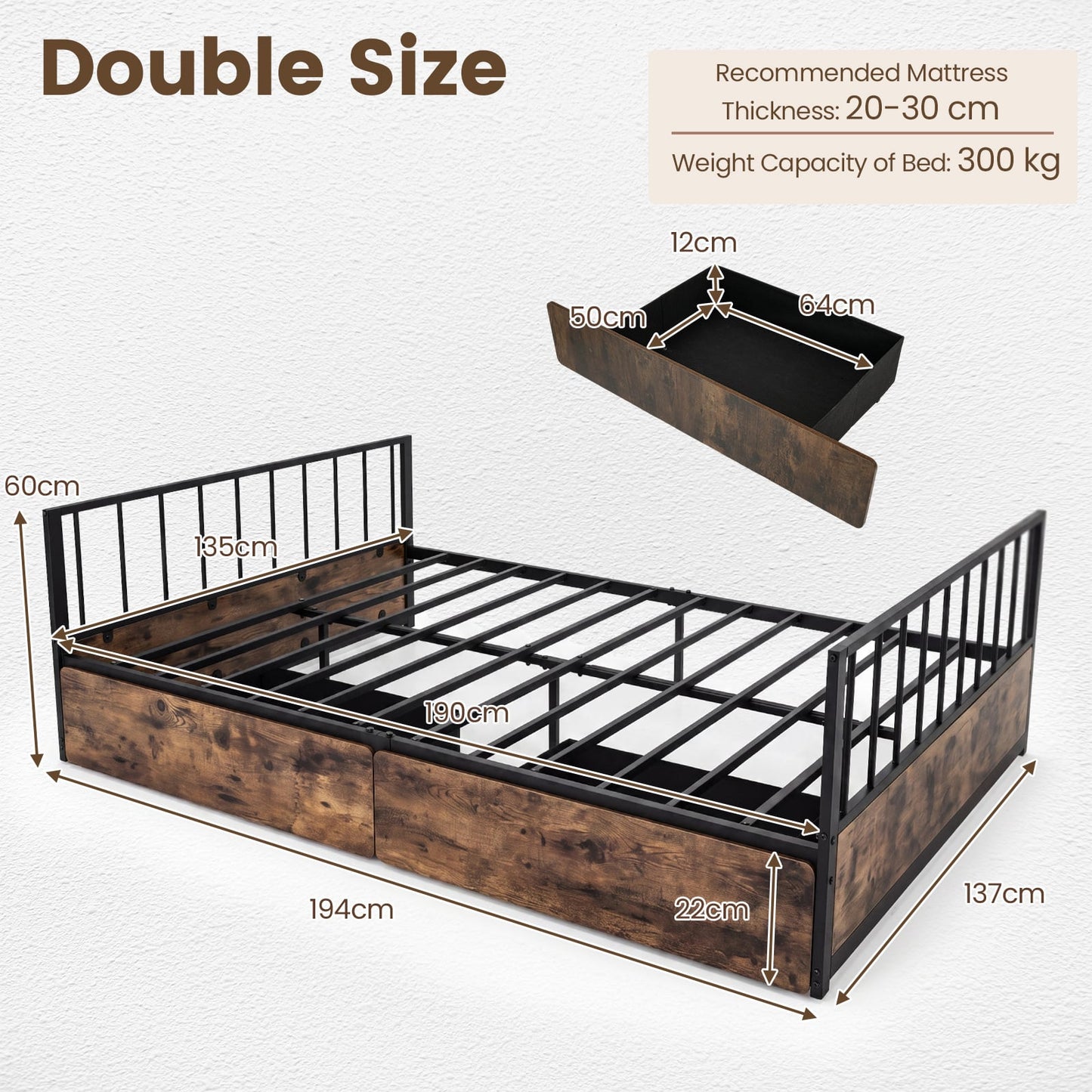 No Box Spring Needed Double Size Metal Bed Frame with 2 Drawers and Headboard-Double