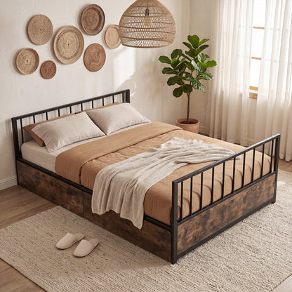 No Box Spring Needed Double Size Metal Bed Frame with 2 Drawers and Headboard-Double